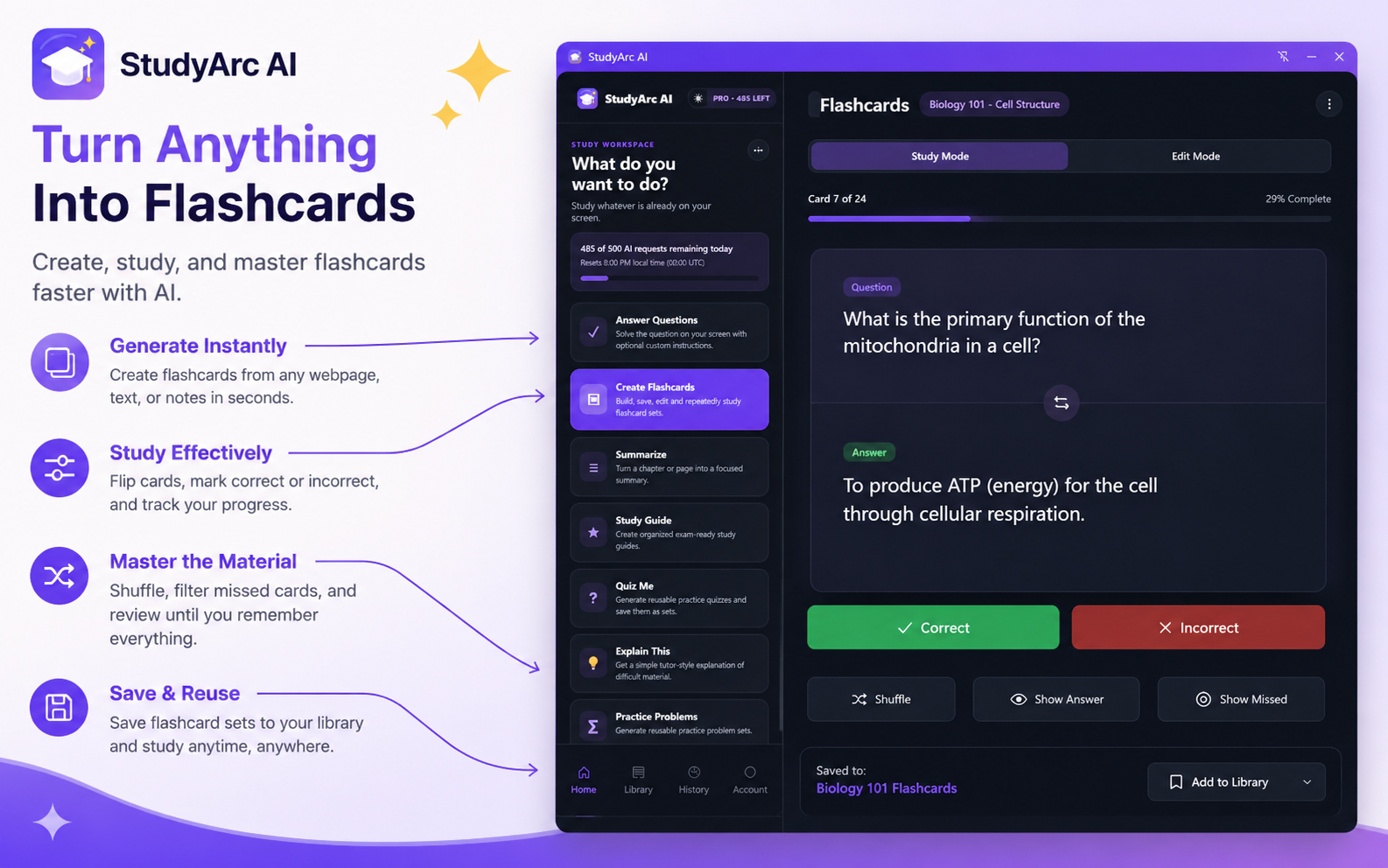StudyArc AI flashcard study mode